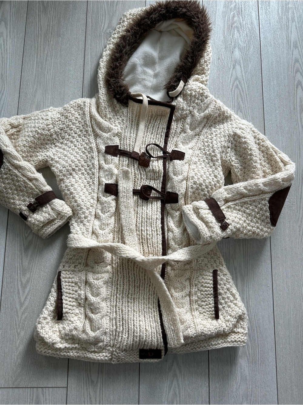 Urku Cream Cable Knit Hooded Toggle Coat with Faux Fur Trim Small